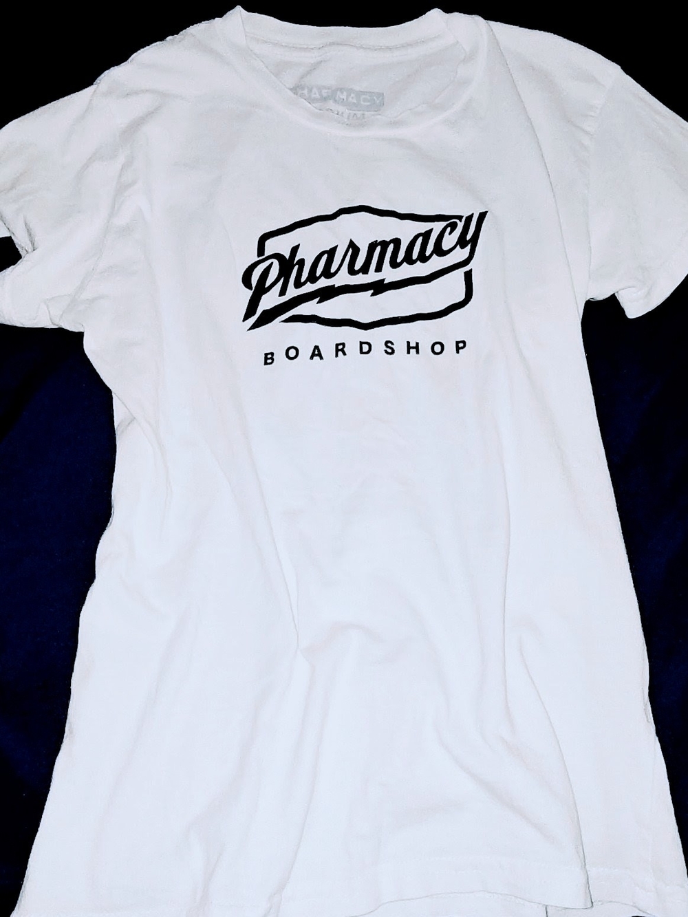 Pre Y2K Fitted Babydoll White  Pharmacy Boardshop Tee With Black  Logo .